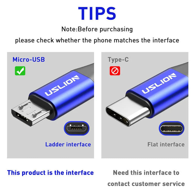 Nylon braided Micro USB charging cable in Black with alloy joint, 3A fast charging support, on a white background