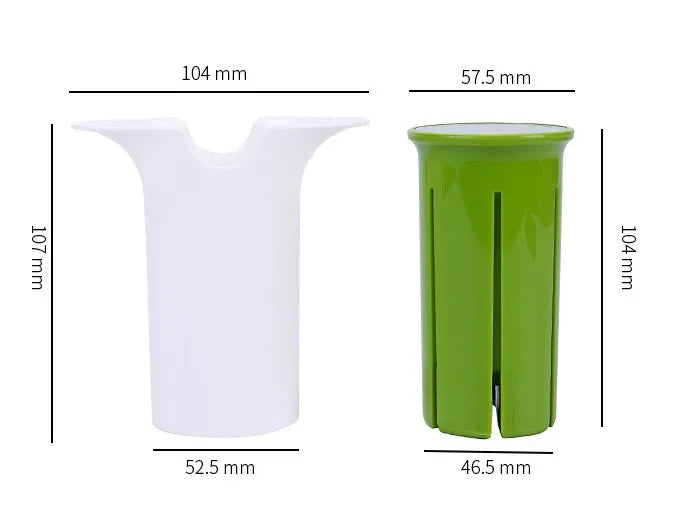 White vegetable cutter with six stainless steel blades for slicing cucumbers, carrots and strawberries