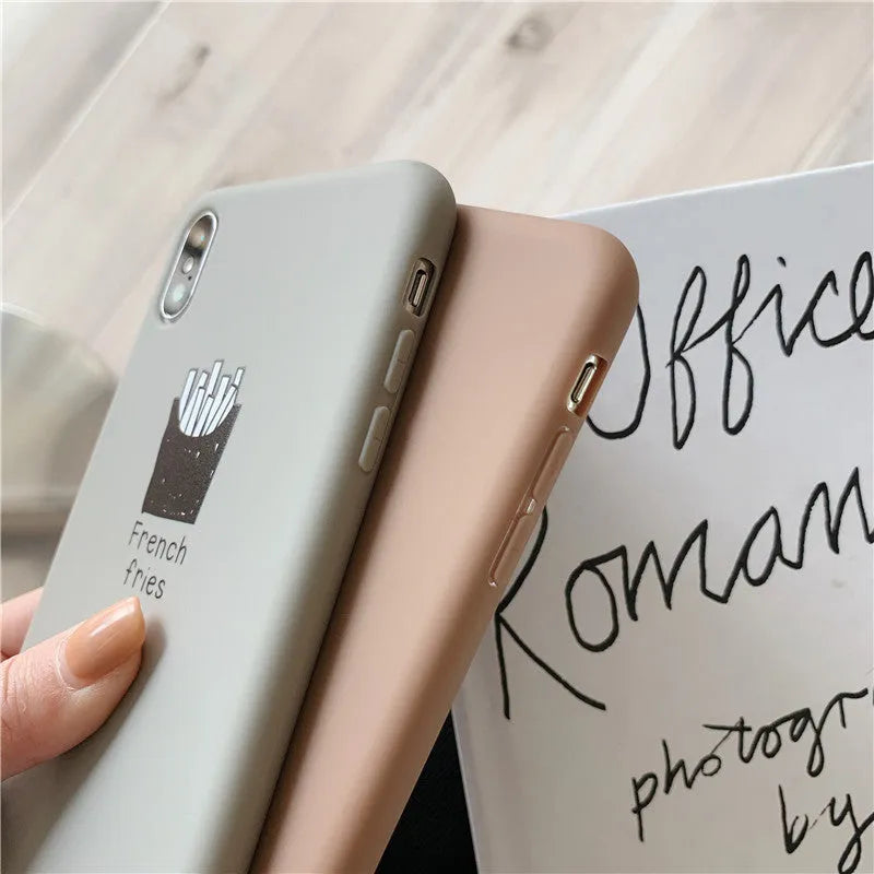 Soft matte silicone iPhone case with ice coffee or french fries couple design