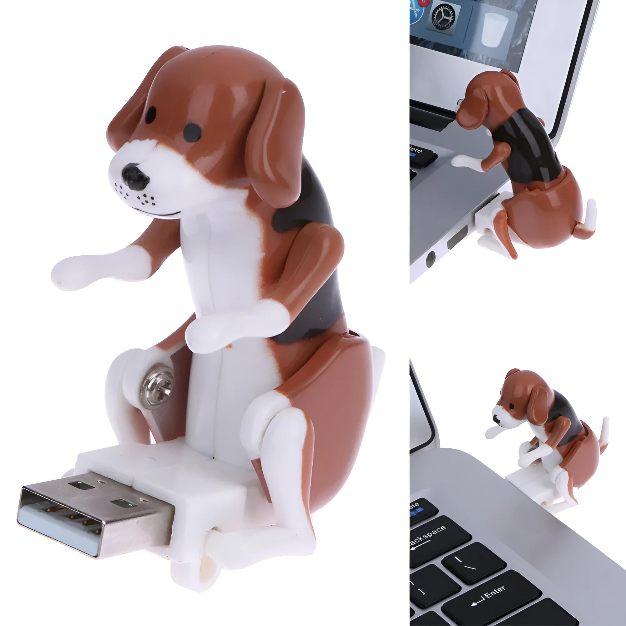 Portable mini brown USB humping dog toy for office desk stress relief, 60x30x60 mm