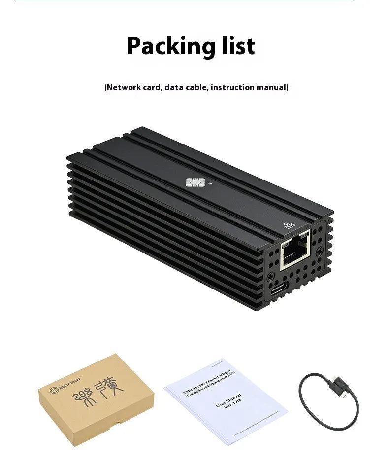 Black Leyu USB4 to 10G RJ45 Ethernet network adapter with attached short cable.