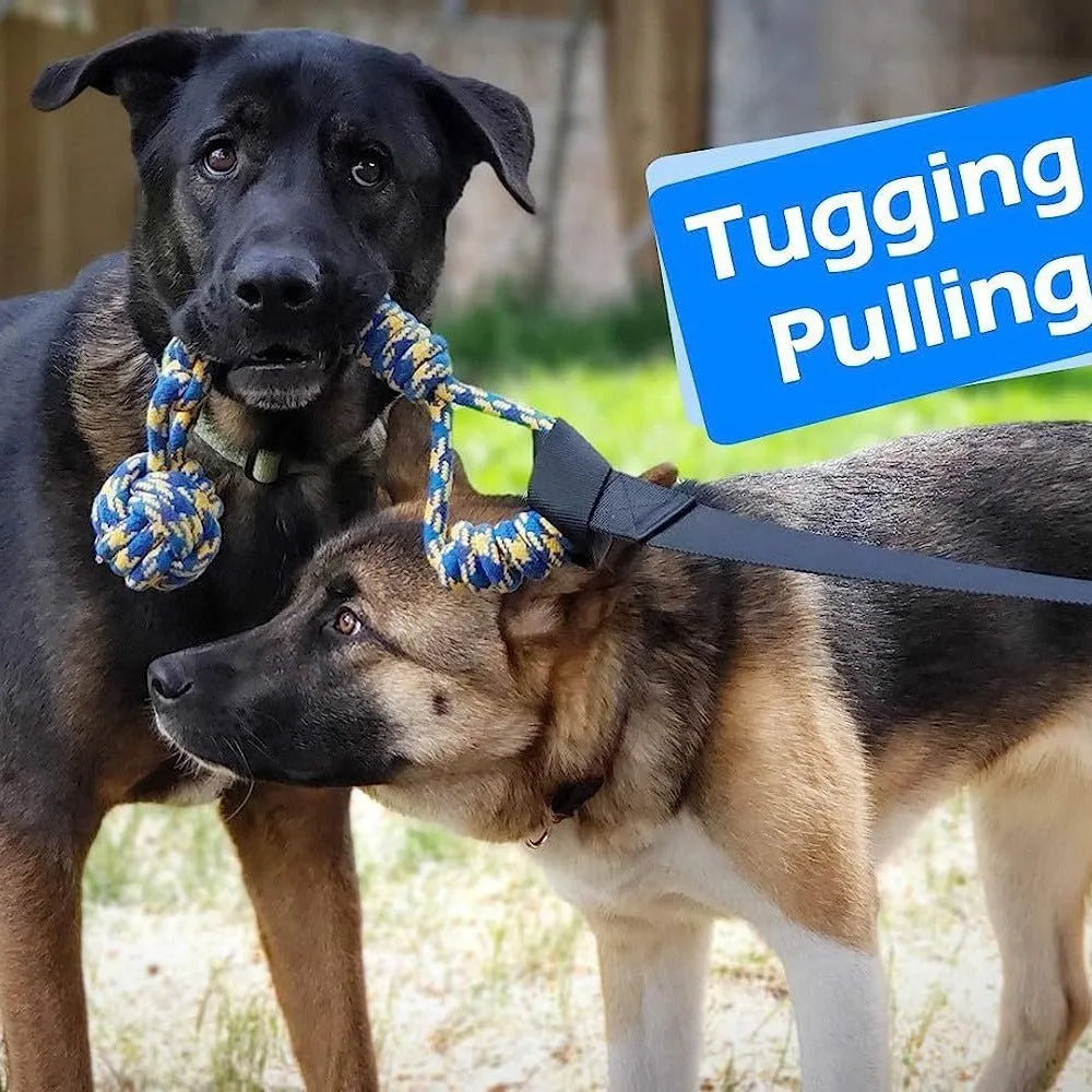 Cotton thread dog tug of war rope toy showing four design options for interactive pet play