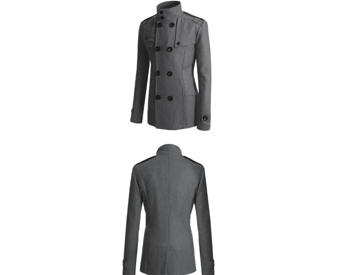 Men's cotton blend woolen trench coat in khaki, long length, front view