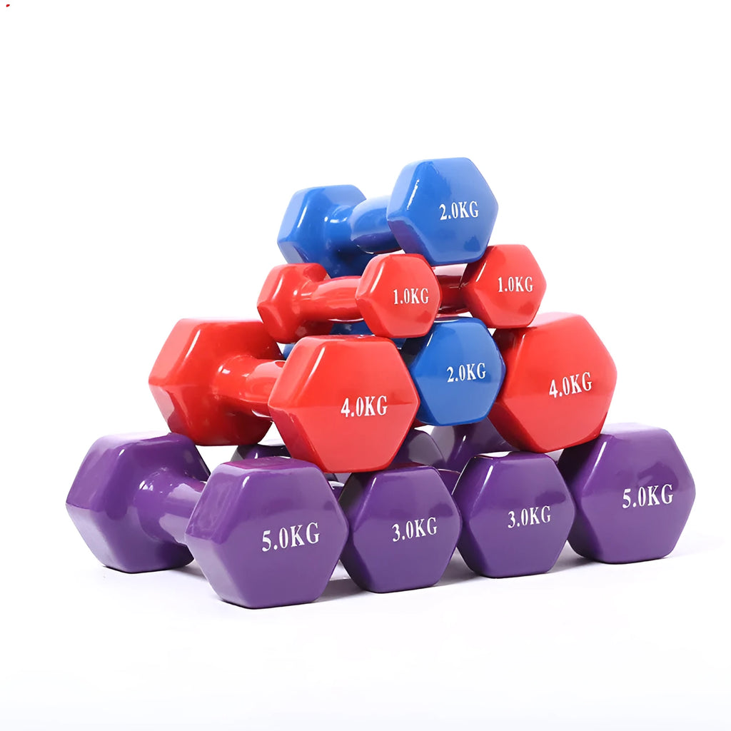 Bright colour plastic-coated fitness dumbbells in 0.5kg, 1kg, and 1.5kg weights for home workouts