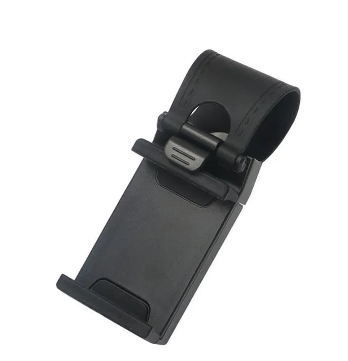 Black universal steering wheel phone clip holder mounted with a smartphone displaying a map.