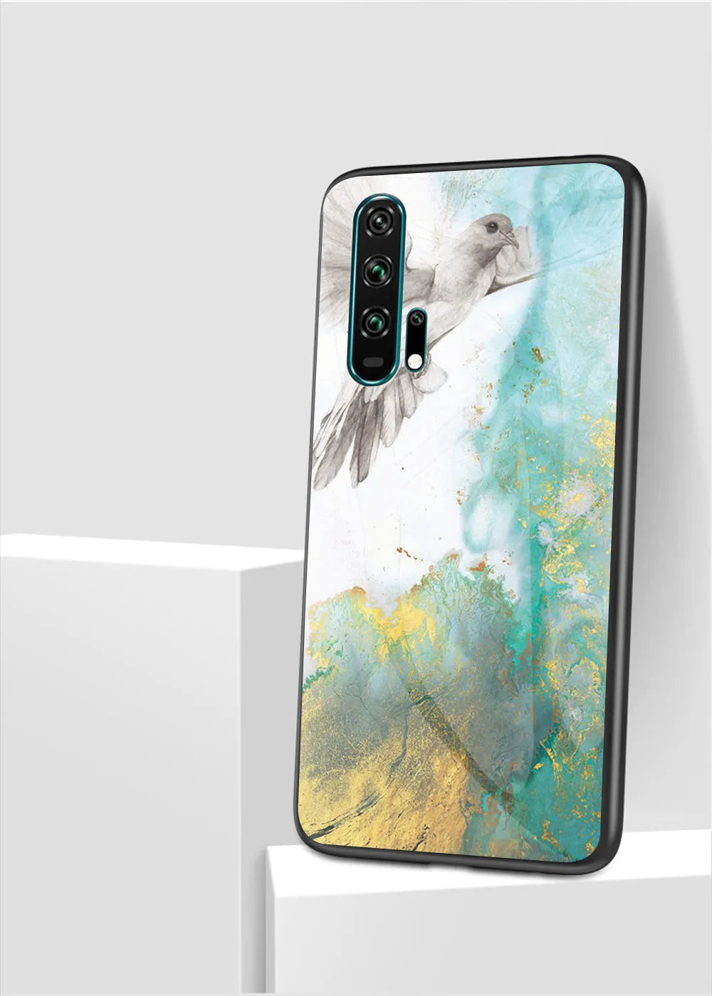 Honor 20 Pro mobile phone in a black marble tempered glass case with silicone bumper