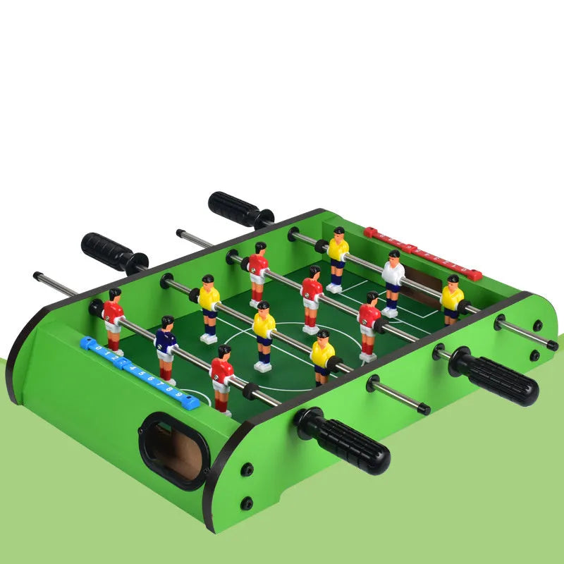 Wooden table football machine with two sets of coloured player figures on a green playing field, ready for two-person play