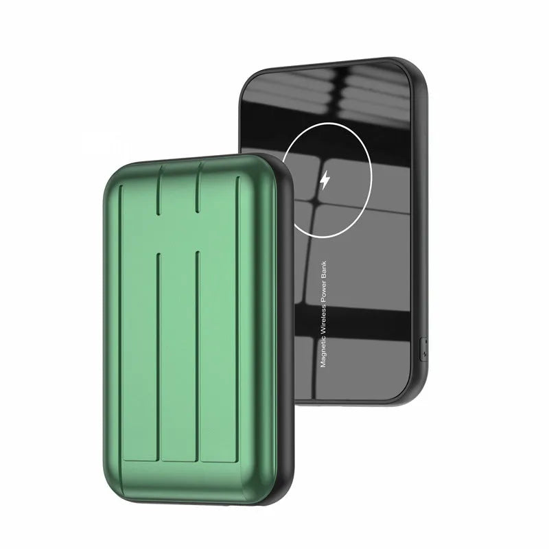 Blue 15W wireless magnetic power bank showing front view with dimensions 98mm by 64mm.