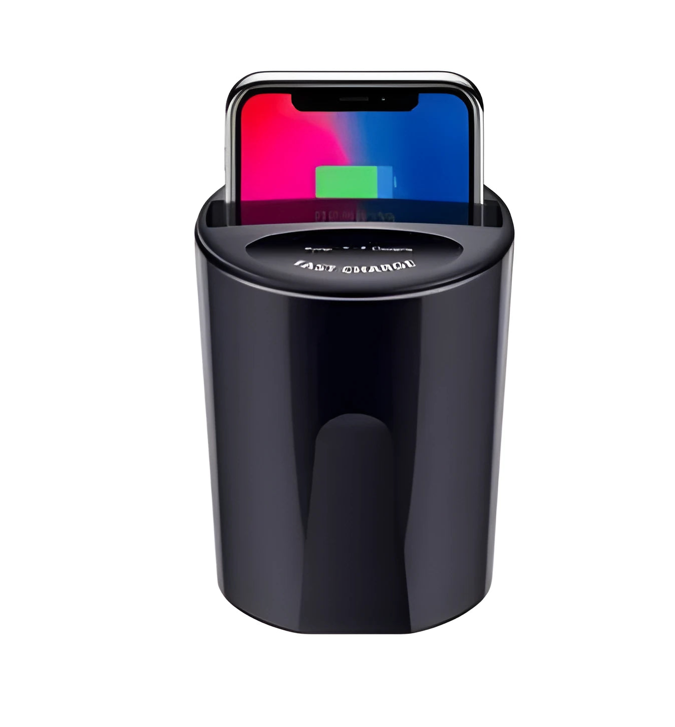 Black car wireless charging cup holder with QI 10W charging, USB and Type-C ports