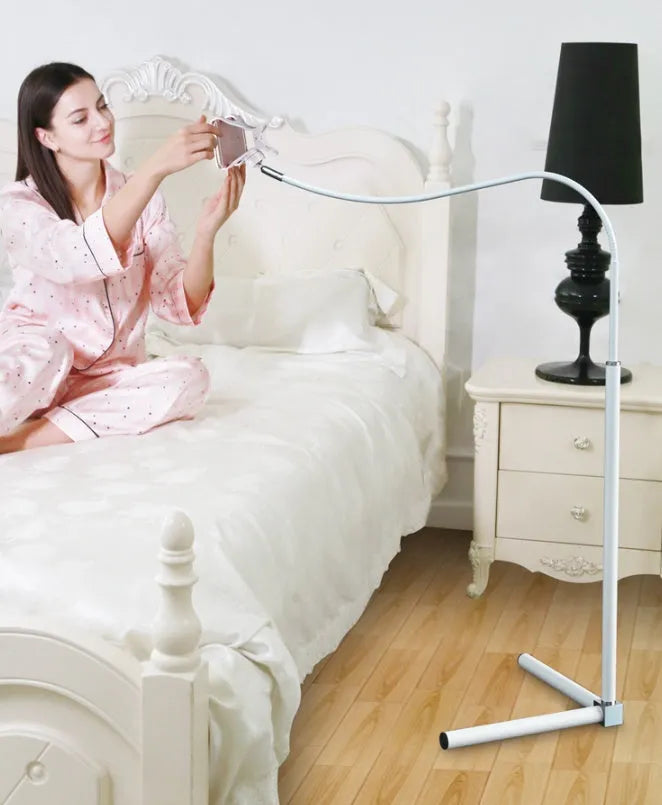 Black and white mobile phone bed brackets and floor stands for bedside viewing