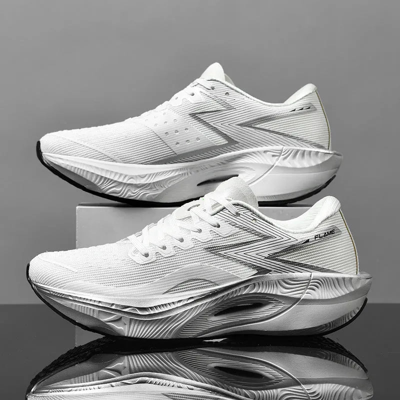 Marathon running shoes with carbon plate in orange colour on a white background