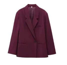 Women's double breasted loose fit casual suit coat in solid polyester, brick red colour, regular sleeves