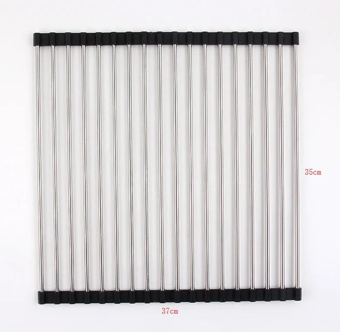 Stainless steel folding kitchen sink drain rack shown in a choice of colours