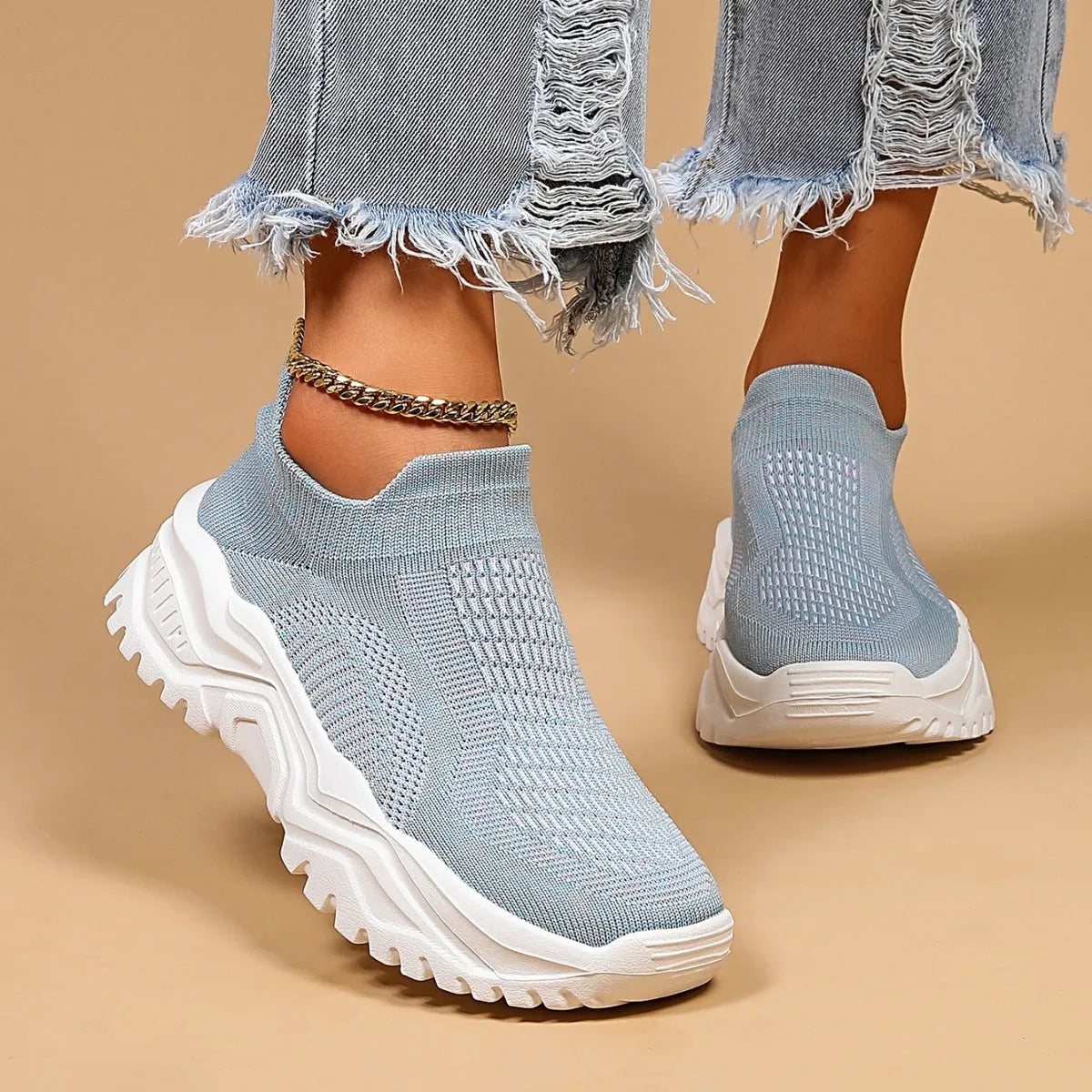 Light blue women's mesh slip-on casual shoes with rounded toe and mid heel
