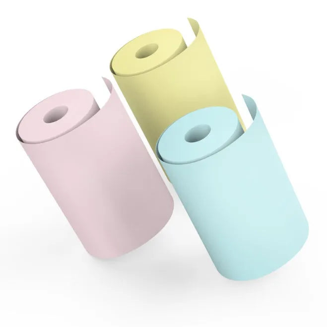 Mini Bluetooth wireless thermal printer in white, pink, and blue, compact 79x42x79mm size