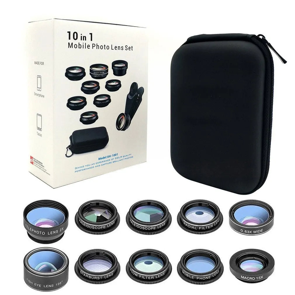 Black ten-in-one set of external clip-on camera lenses for mobile phones on a table.