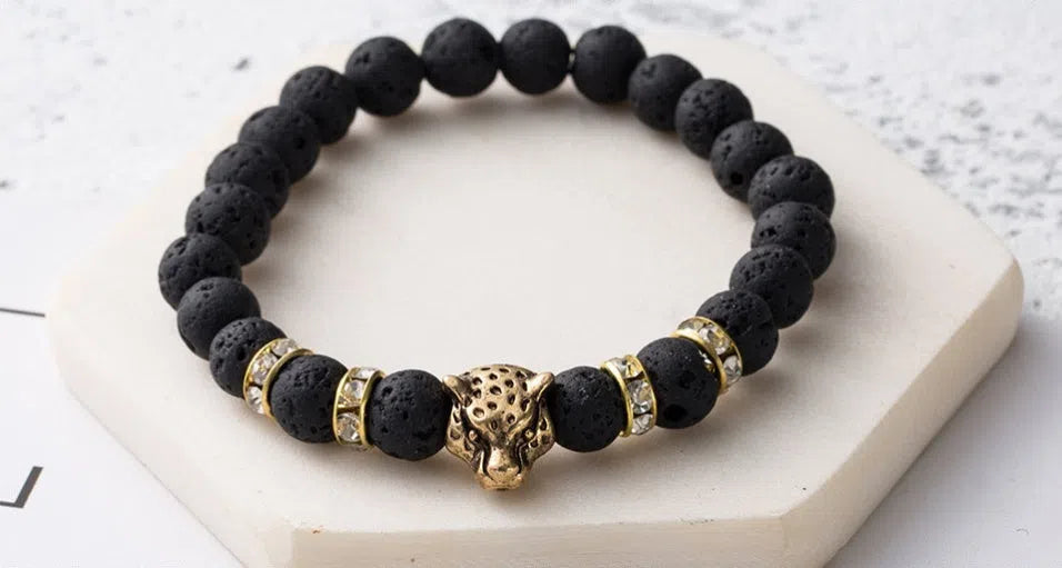 8mm natural stone and lava stone bead bracelet with leopard head pendant for men, 18cm diameter, gold frosted black