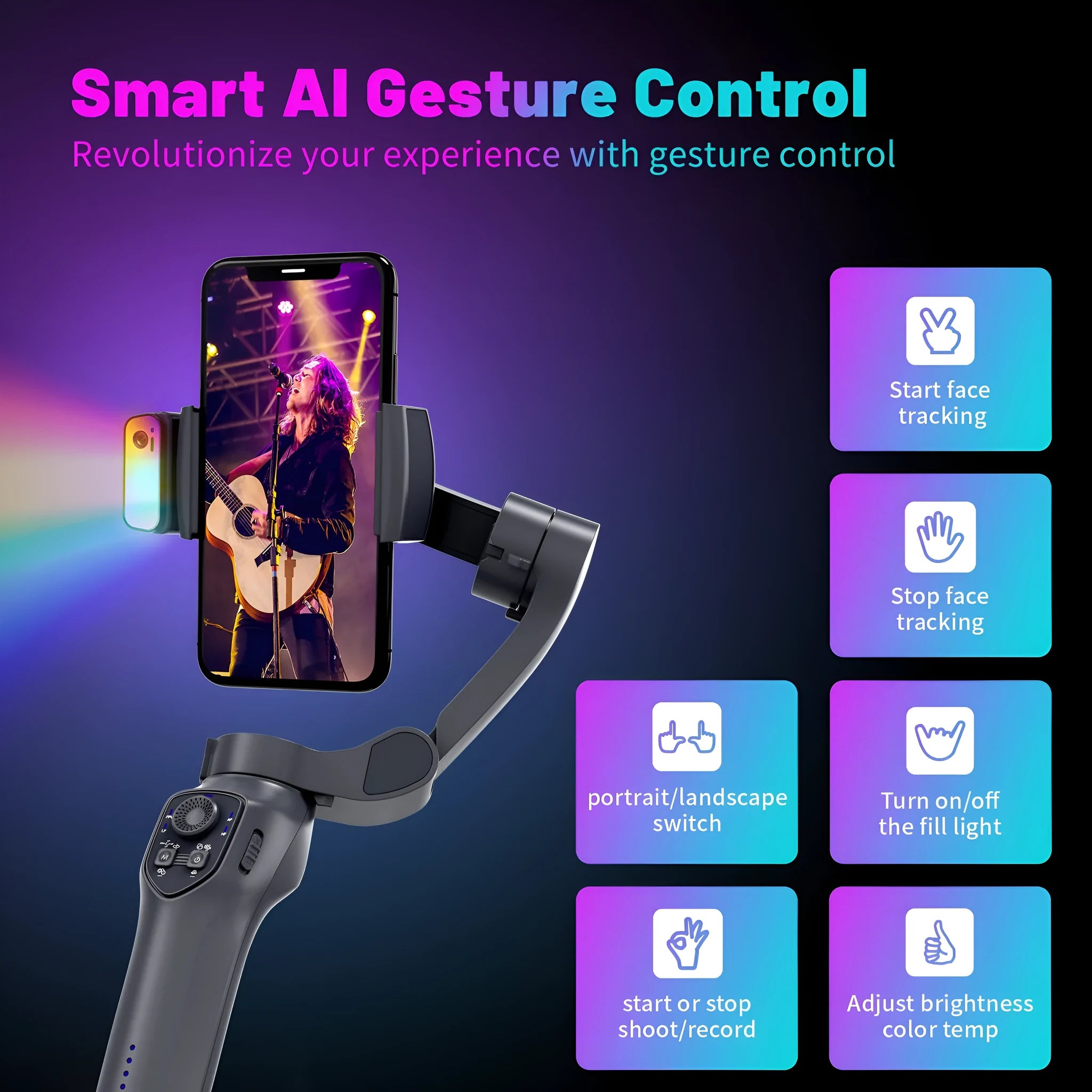 Foldable handheld tripod head stabilizer in gun colour with USB charging port