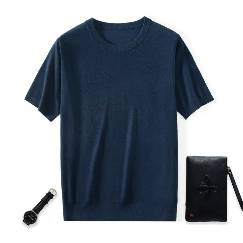 Men's loose-fit knitted casual short sleeve shirt in a choice of eight colours including black, blue, and grey.