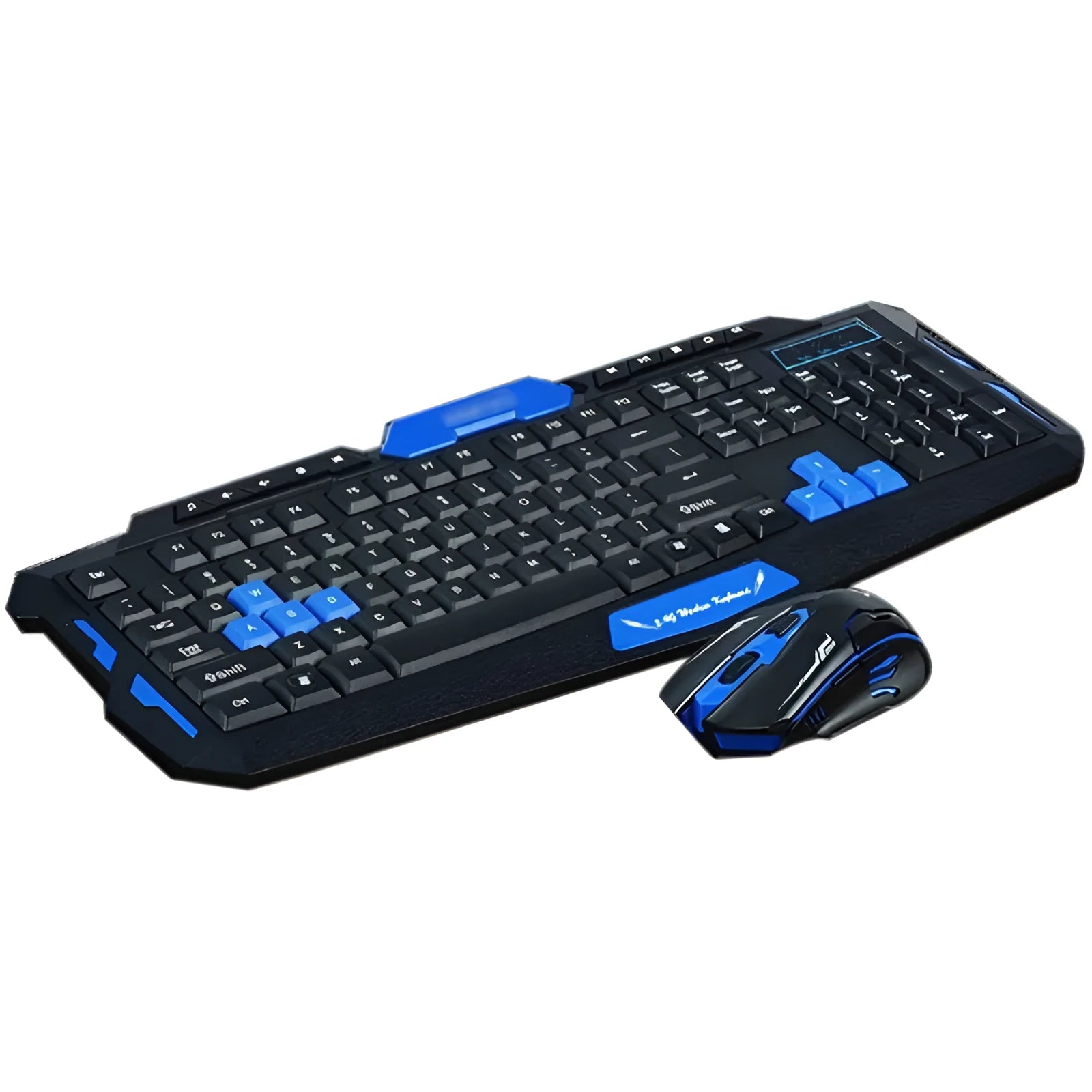Black and blue wireless keyboard and mouse set with ergonomic design on a desk