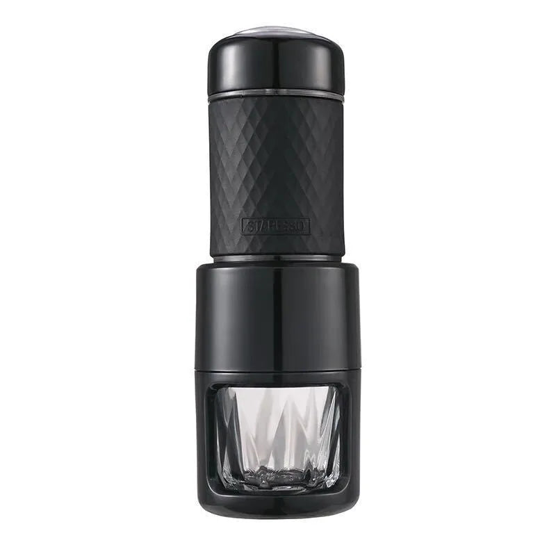 Portable manual espresso coffee machine in four colours with compact stainless steel design.