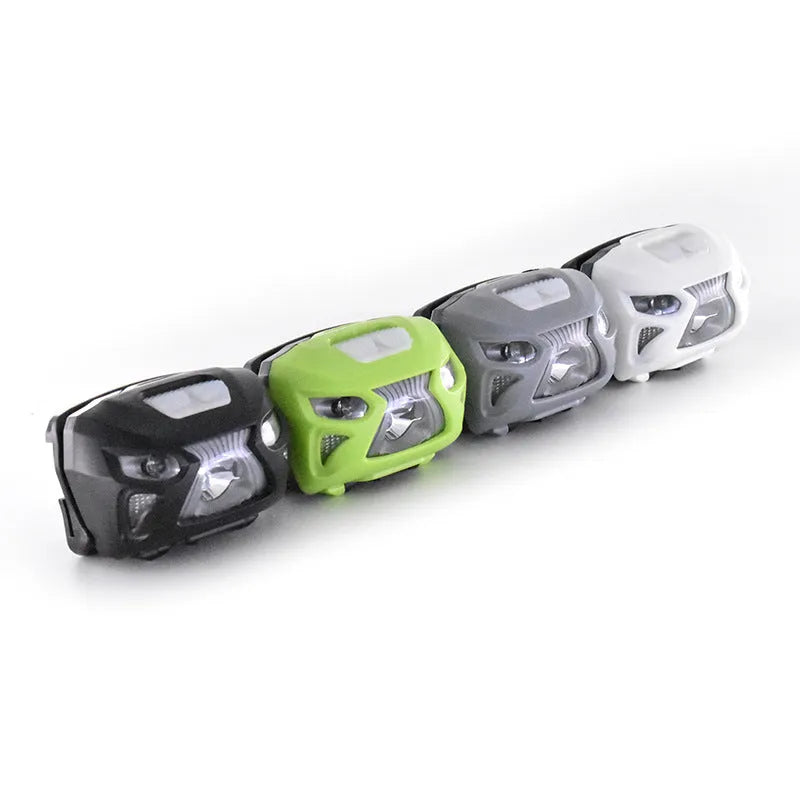 Head-mounted LED sensor headlight with adjustable webbing strap, shown in black colour.