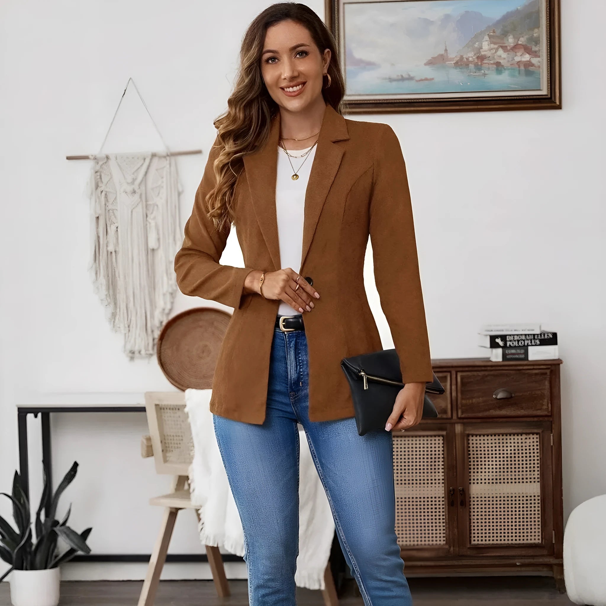 Brown single-breasted lapel leisure suit coat with long sleeves on a hanger
