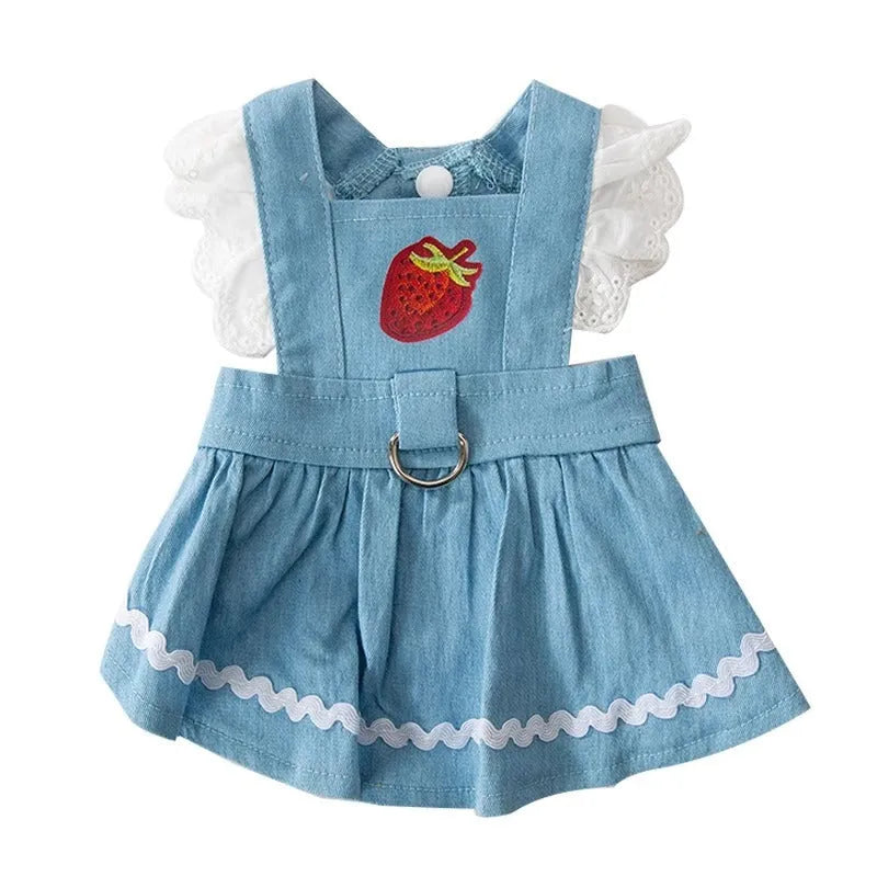 Strawberry print denim dog skirt in Bondi Blue colour with traction backing for small dogs