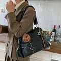 Fengtuote commuter underarm bag in PU leather, horizontal square shape, black colour, with rivet details and double shoulder straps