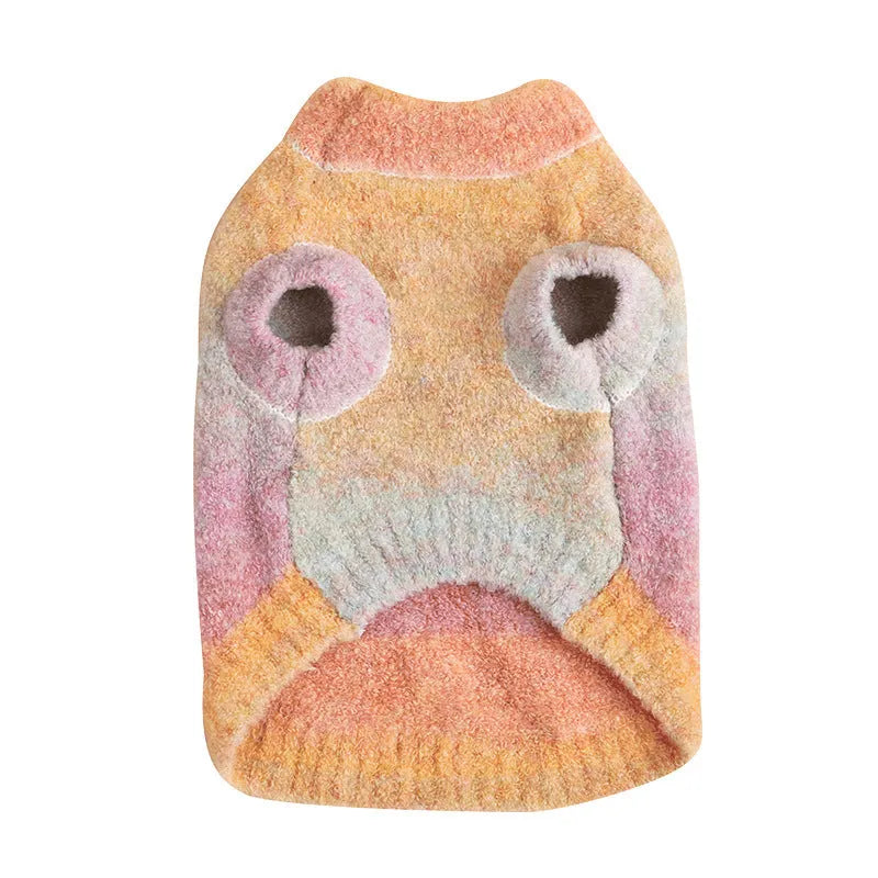 Colourful rainbow circle pattern dog sweater in soft wool acrylic blend fabric