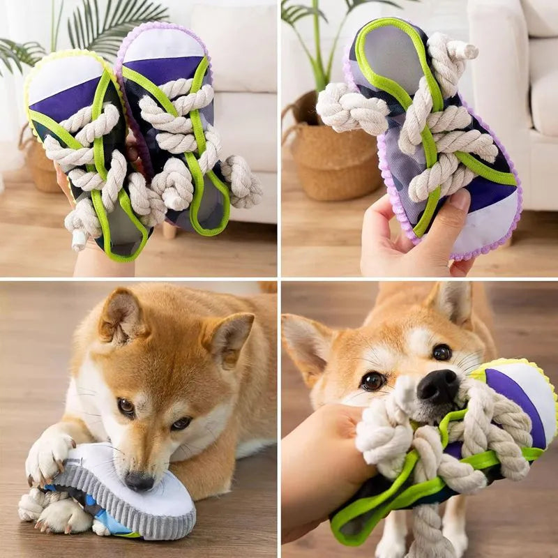 Dog toy shaped like cotton rope slippers with shoelaces, sole patterns, and built-in sound devices for playtime