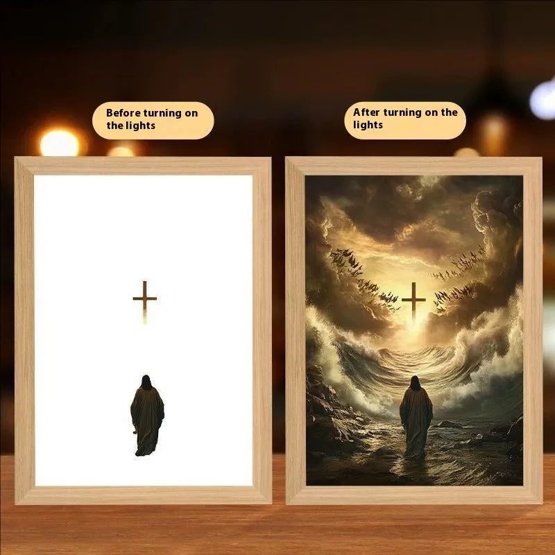 Handmade rectangular LED light painting photo frame showing a spiritual cross design, with USB cable.