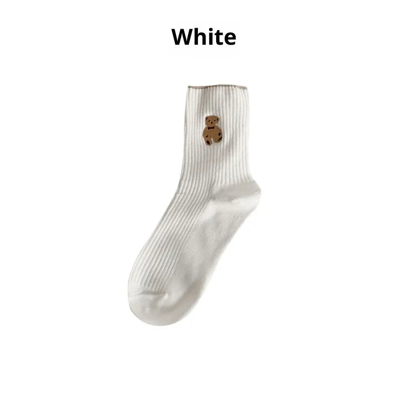 Women's mid-calf retro bear jacquard stack socks in white beige or brown, Japanese school style