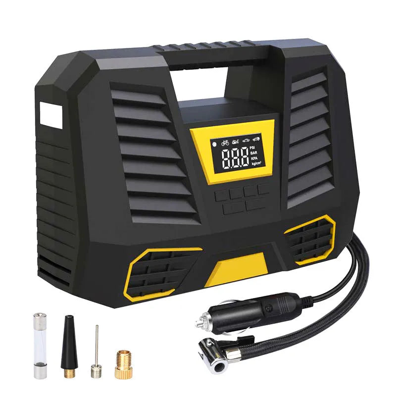 Carsun 100W 12V car air pump with digital display and 3m power cable on a garage floor