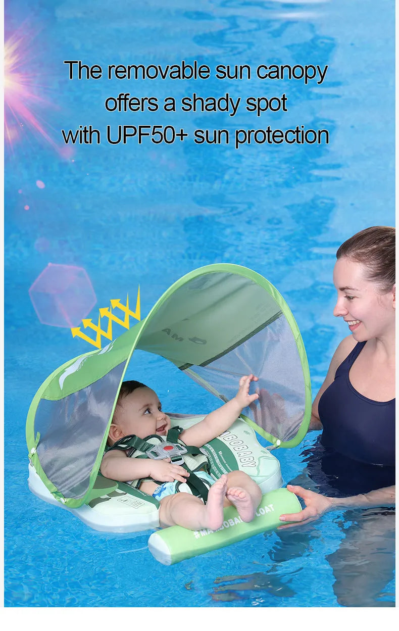 Avocado green dinosaur baby swimming ring with sun shade inflatable float for toddlers