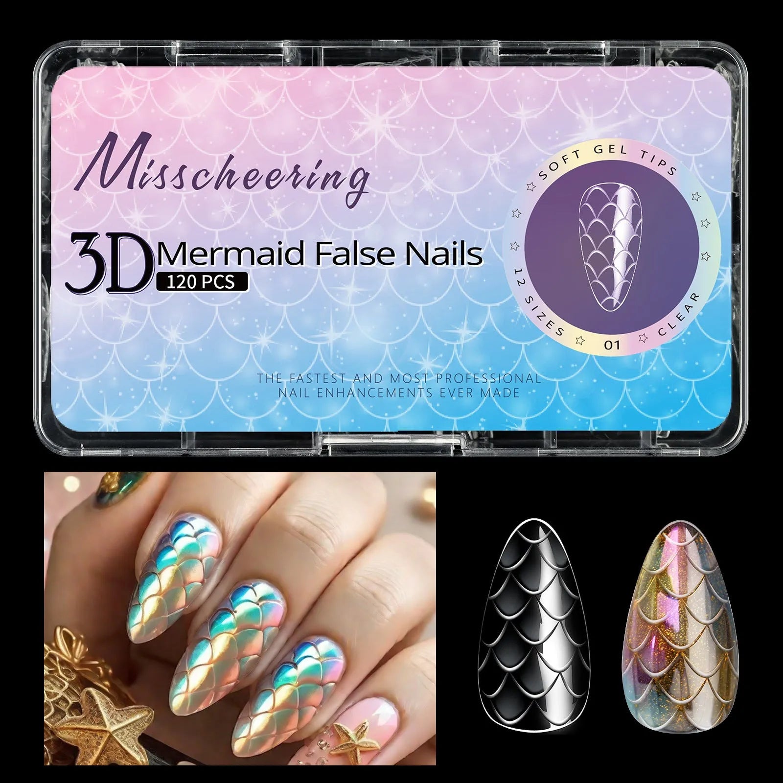 Pack of 3D Scale Long Shaping Nail Tips showing textured surface, labelled with Frigate Box variant code.