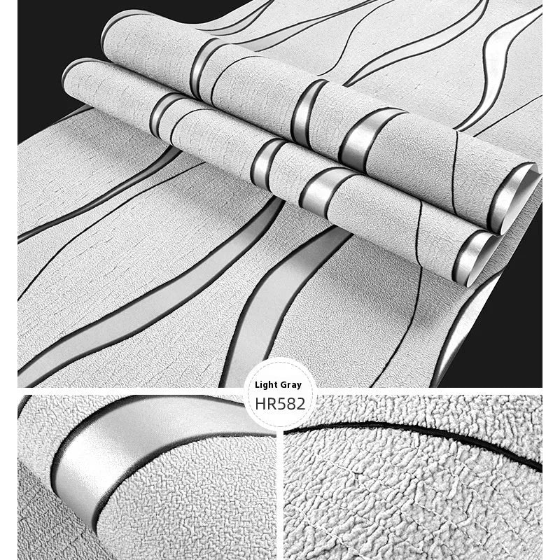 Curve stripe patterned 3D textured wallpaper roll for video wall backgrounds in light grey and dark brown colours