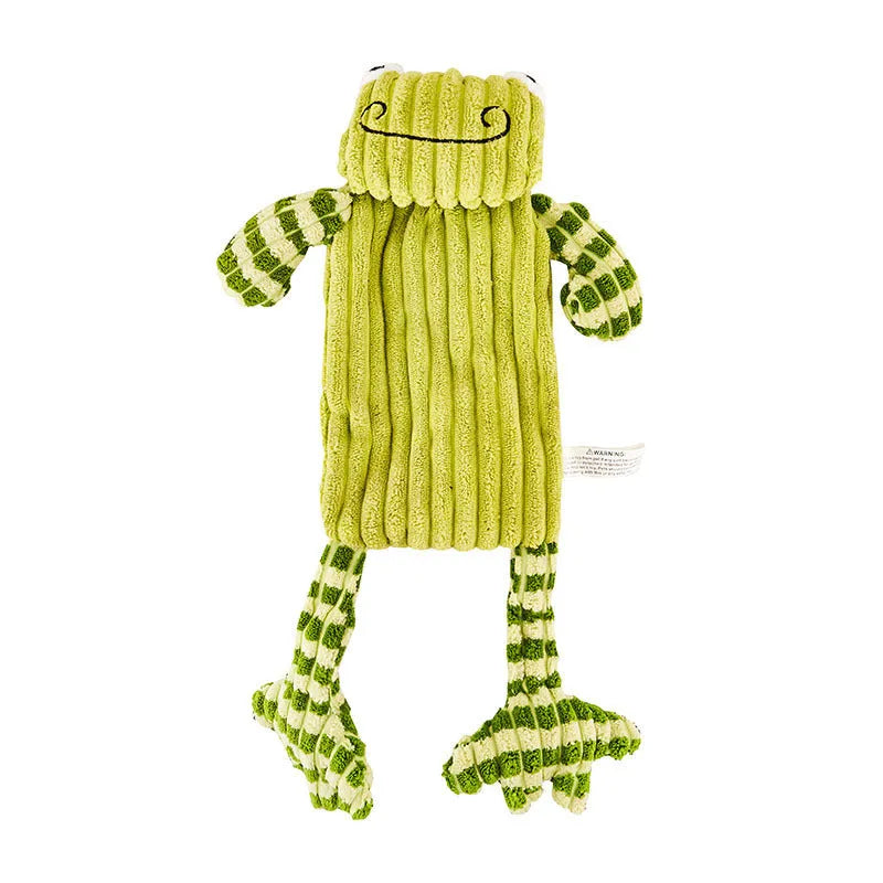 Green and orange plush squeaker dog toy for aggressive chewers with double-layer cotton shell