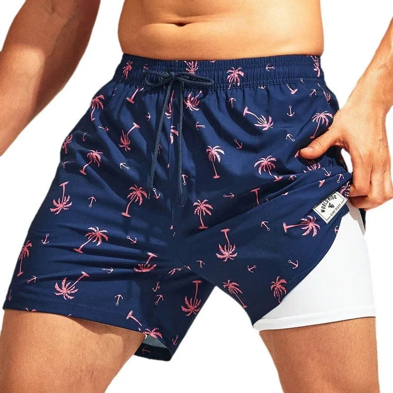 Men's loose fit quick-drying boxer swimming trunks in a selection of floral and tropical print designs.