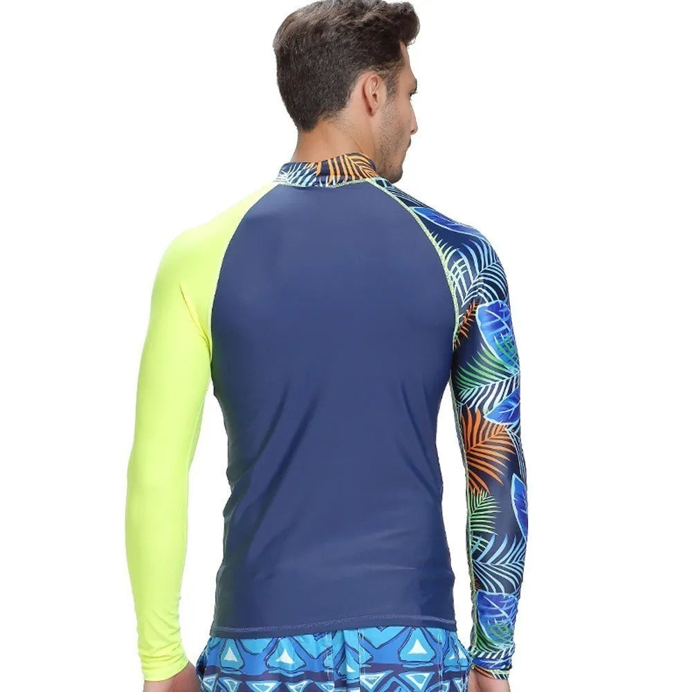 Men's long-sleeved sunscreen swimsuit wetsuit in blue, colour matching design for water use