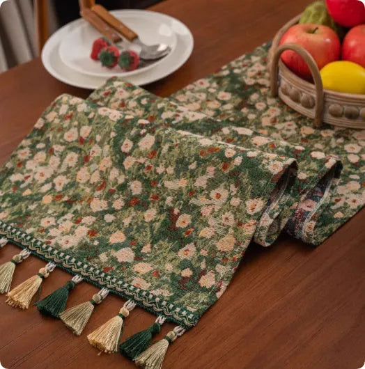 Country European retro cotton blend table flag with handwoven tassels on sideboard