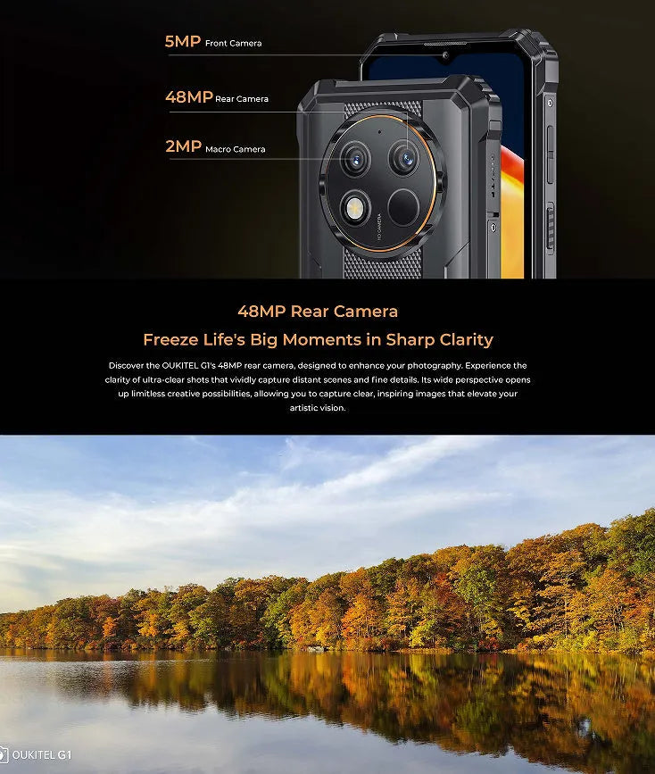 OUKITEL G1 Android mobile phone in grey, green, and orange colour options with included charger.