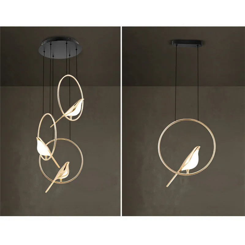 Modern minimalist magpie bird silhouette chandelier made of zinc alloy and clear acrylic, 150cm tall.