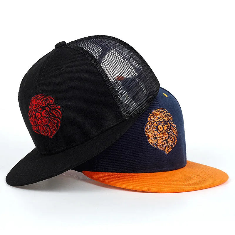 Adjustable cotton baseball cap with lion face embroidery in black, front view