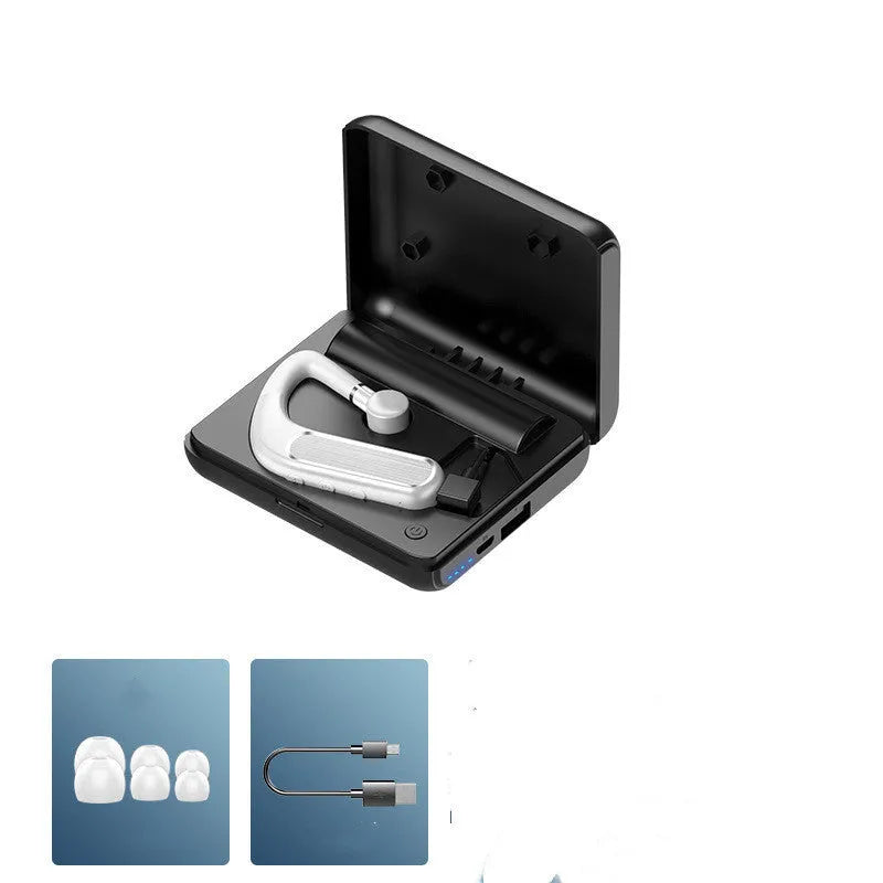 Black Bluetooth hanging-ear earphones with silicone ear caps, shown alongside charging cable and additional ear cap sizes