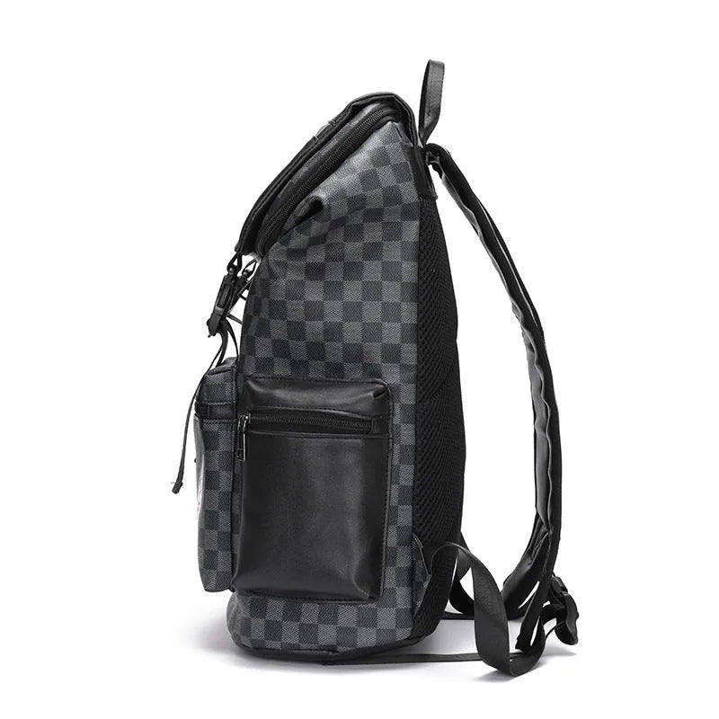 Korean checkered printed black PU leather backpack with curved shoulder straps showing interior polyester lining