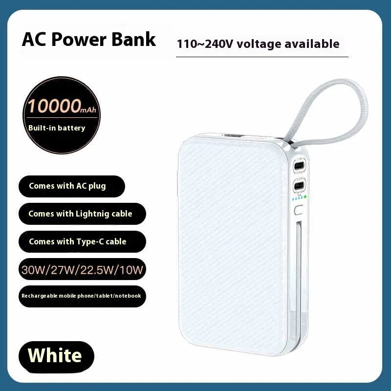 30W two-in-one power bank with plug cord, wireless pad, and nylon cable in black