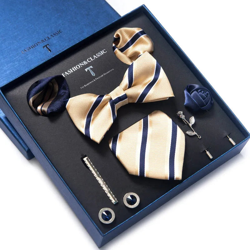 Men's 8-piece rayon jacquard bow tie set, heart shape arrow style, monochrome pattern, 146cm length
