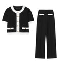 Street fashion casual suit with beaded round neck top and high-waisted trousers