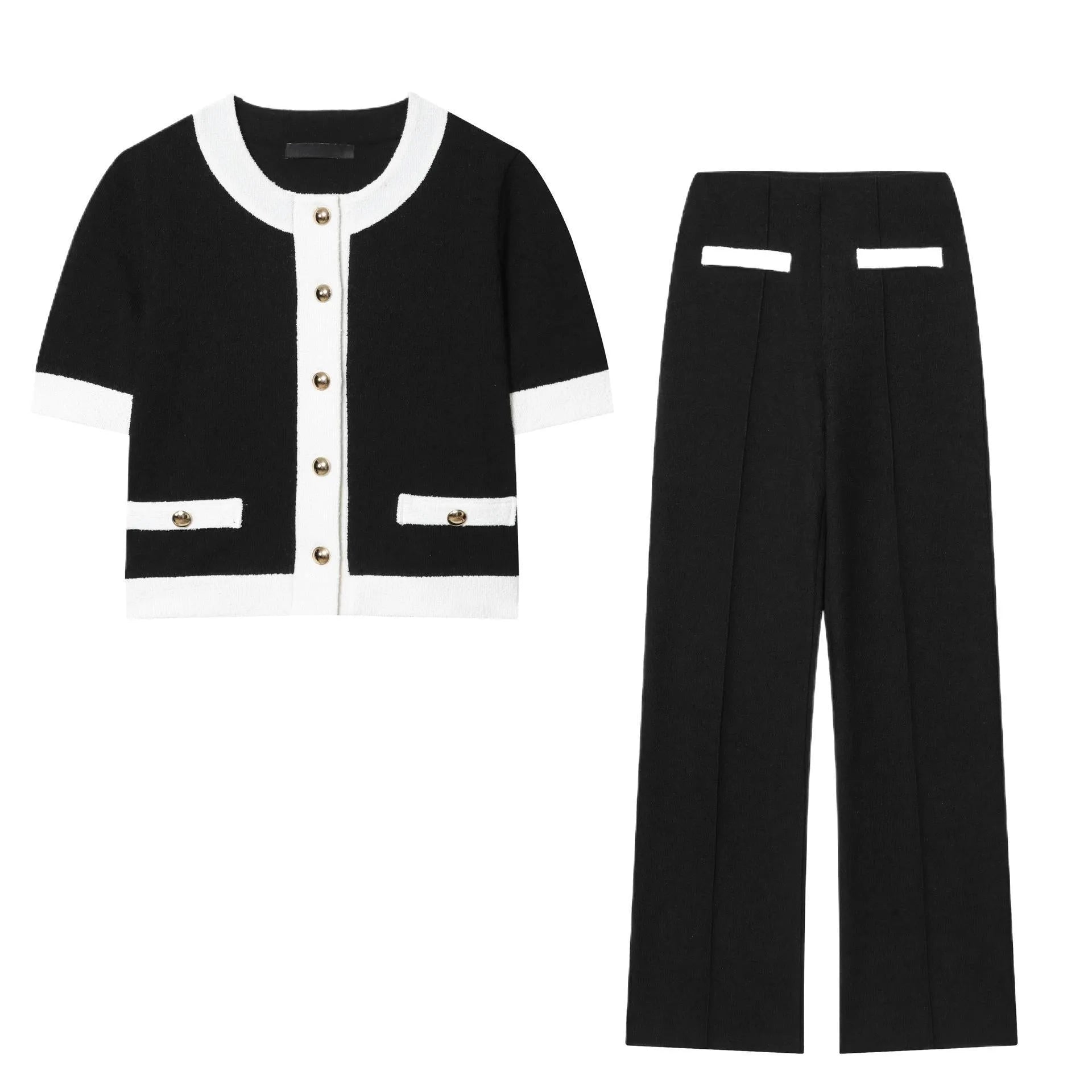 Street fashion casual suit with beaded round neck top and high-waisted trousers